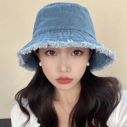 Vintage Denim Bucket Hat Distressed Frayed Brim