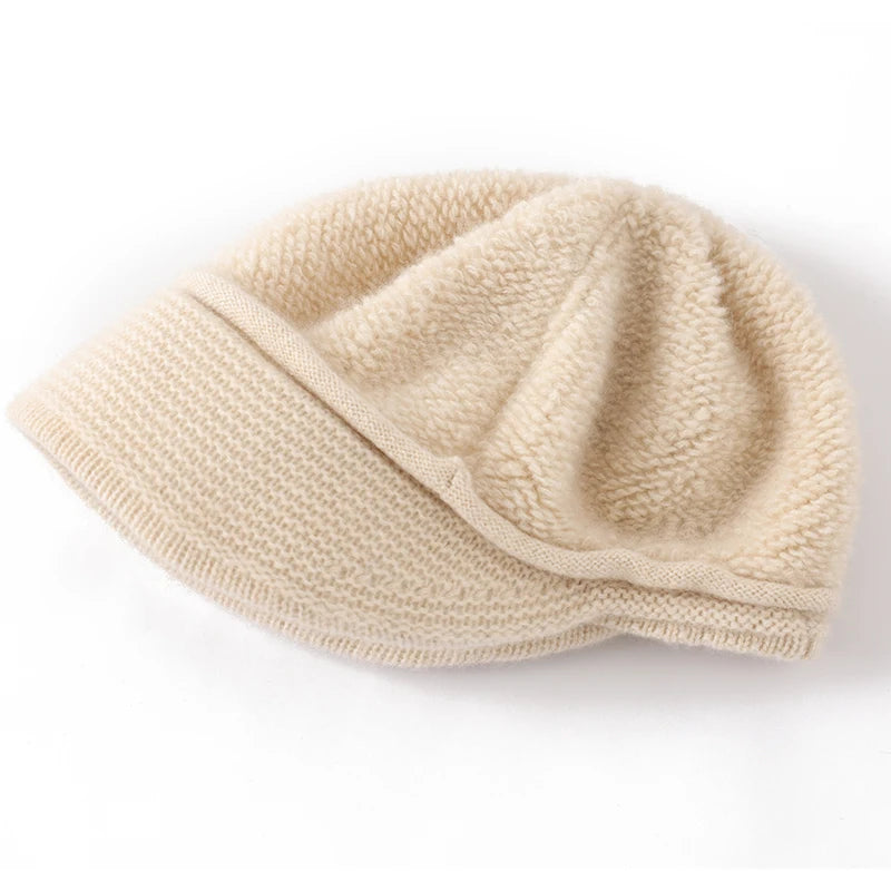 100% Pure Cashmere Visor Beanie Women Soft Brim Newsboy Cap