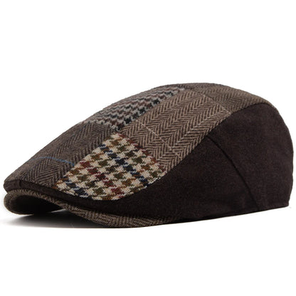 Men Women Patchwork Plaid Beret Vintage Wool Blend Flat Cap