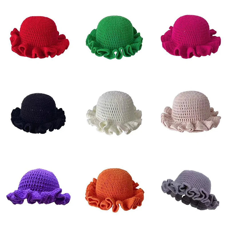 New Colorful Crochet Ruffle Brim Knit Bucket Hats