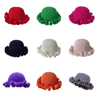 New Colorful Crochet Ruffle Brim Knit Bucket Hats