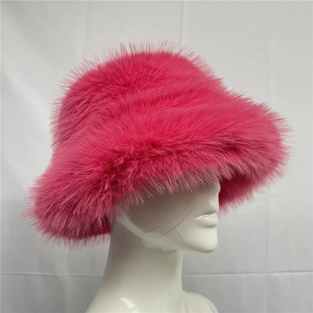 New Luxury Warm Faux Fur Bucket Hats Women