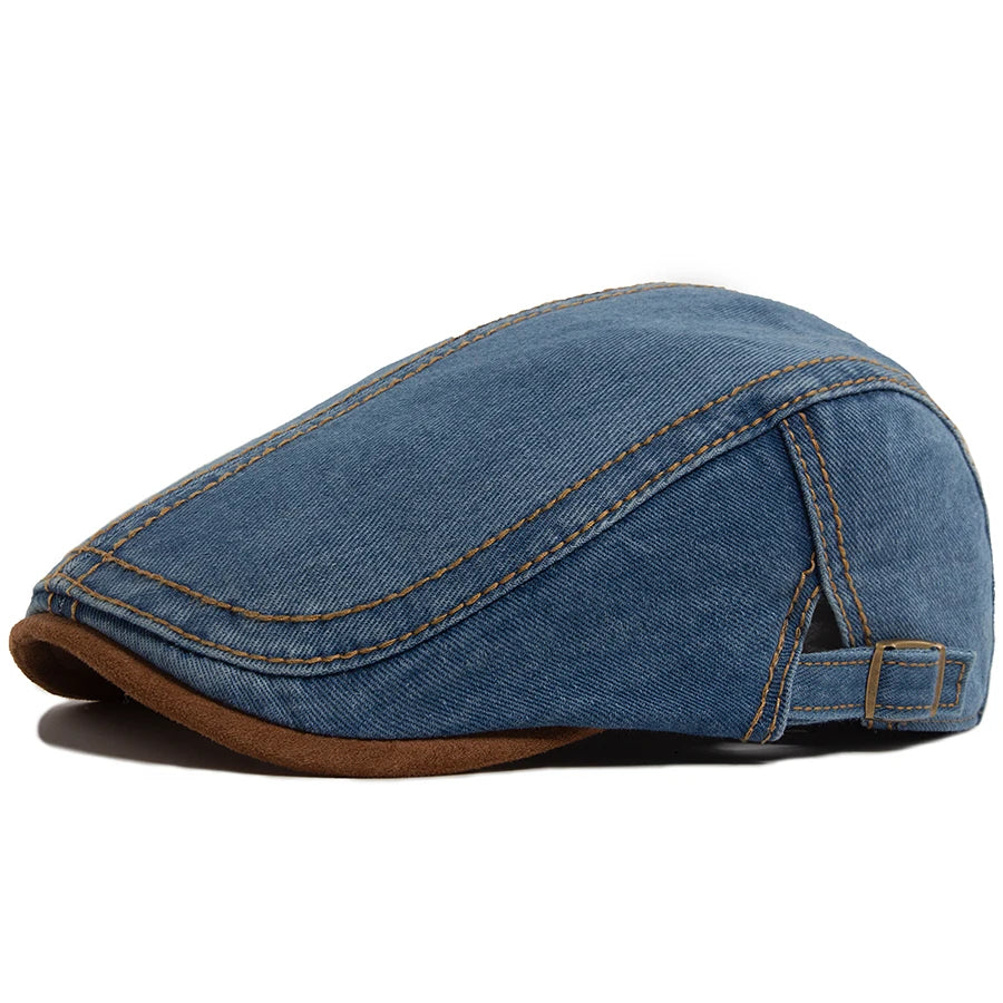 New Patchwork Brown Brim Denim Flat Hat Retro Men And Women
