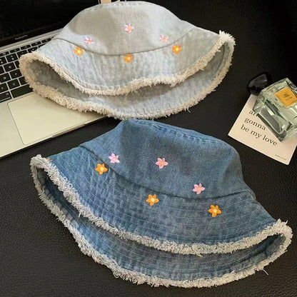 Sweet Floral Embroidered Denim Bucket Hat