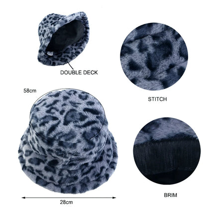 Autumn Winter Leopard Print Bucket Hat Thick Soft Warm Plush Fisherman Hat
