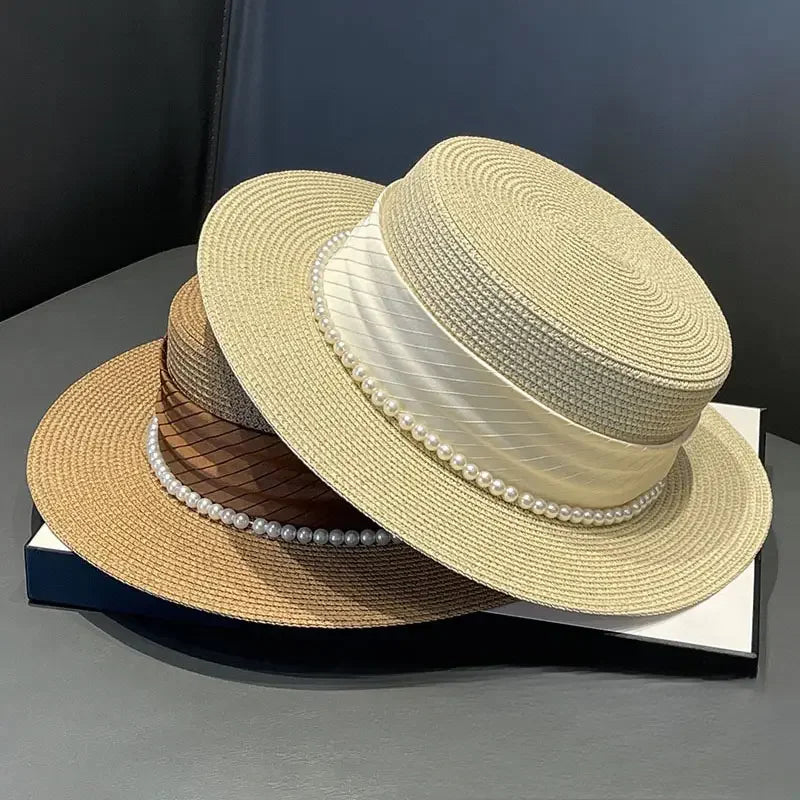 2025 Summer Elegant Pearl Chain Flat Sun Hats