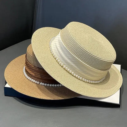 2025 Summer Elegant Pearl Chain Flat Sun Hats