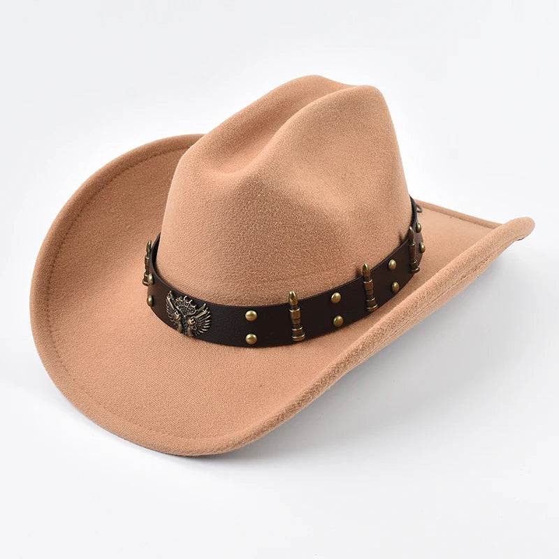 Men Women Western Cowboy Hat With Leather Vintage Big-Edge Gentleman Cowgirl Hat