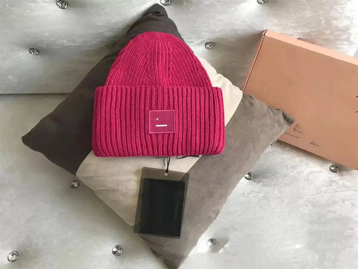 Warm And Cozy Knitted Beanie With Square Labels - Scandinavian Style Wool