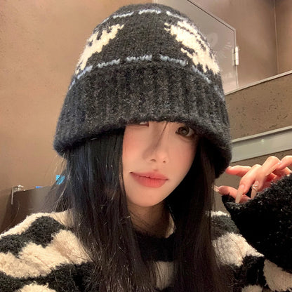 Vintage Jacquard Wool Knitting Hat For Women Autumn Winter