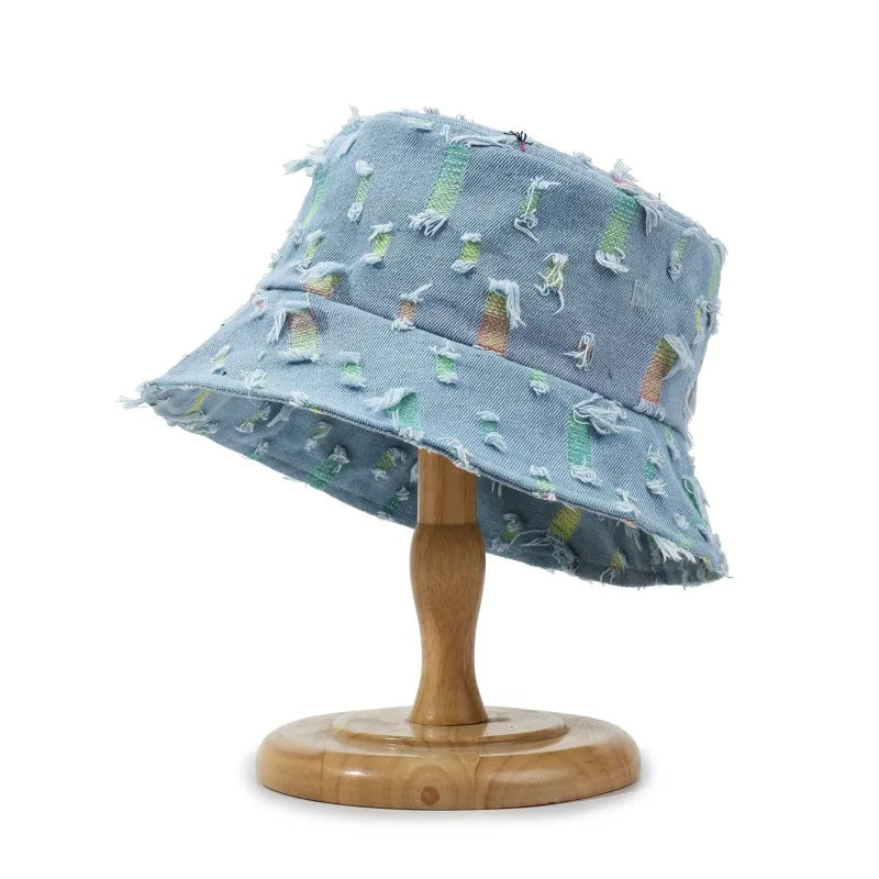 Fashion Women Men Washed Denim Ripped Bucket Hats