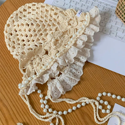 Casual Pearl Tassels Crochet Flower Knitted Hat Hollow Out Thin Lace Beanie