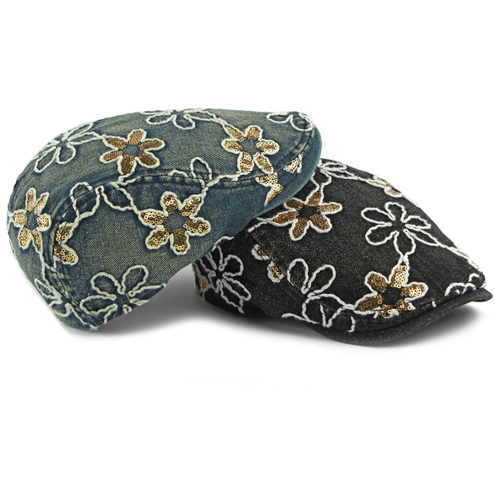 Male Female Cotton Ivy Flat Cap Stylish Sequin Flowers Denim Beret Cap