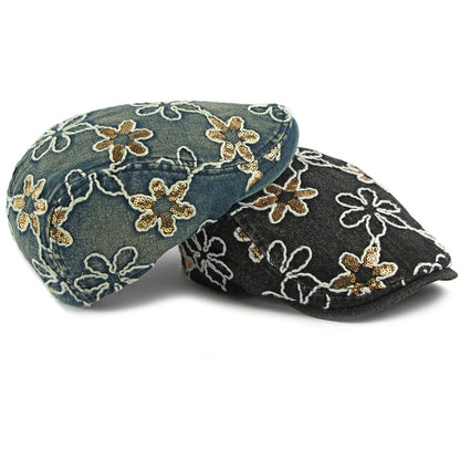 Male Female Cotton Ivy Flat Cap Stylish Sequin Flowers Denim Beret Cap