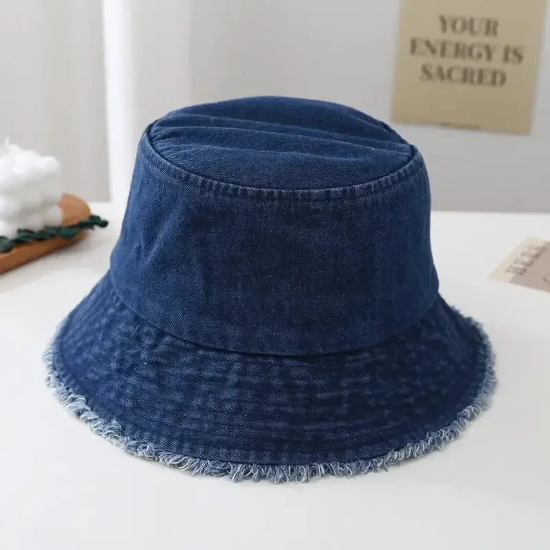 Durable Unisex Denim Bucket Hat - Frayed Brim Cotton Basin Foldable