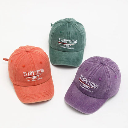 Retro Letter Embroidery Baseball Cap Children Washed Cotton Hat Korean Solid Color Kids Boy Girl Peaked Caps