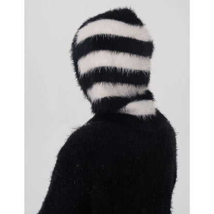 One-Piece Knit Balaclavas Stripes Imitation Mink Velvet Hats Scarf Hat