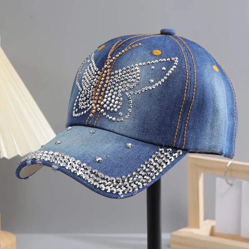 A Women’s Sparkle Bling Rhinestone Bejeweled Cotton Denim Baseball Cap