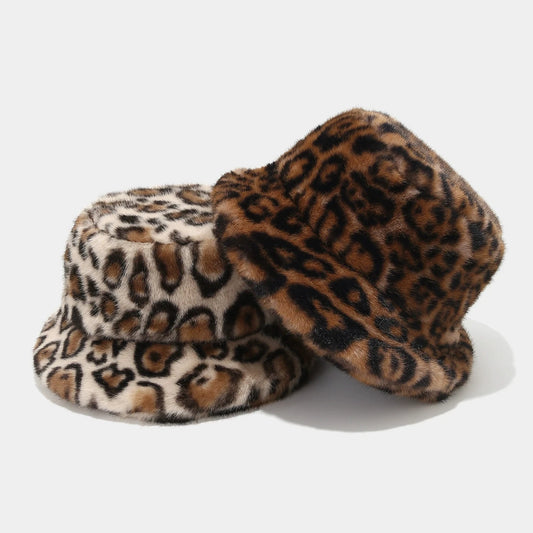 Women Leopard Print Fur Hat Thickened Winter Warm Fisherman Hat