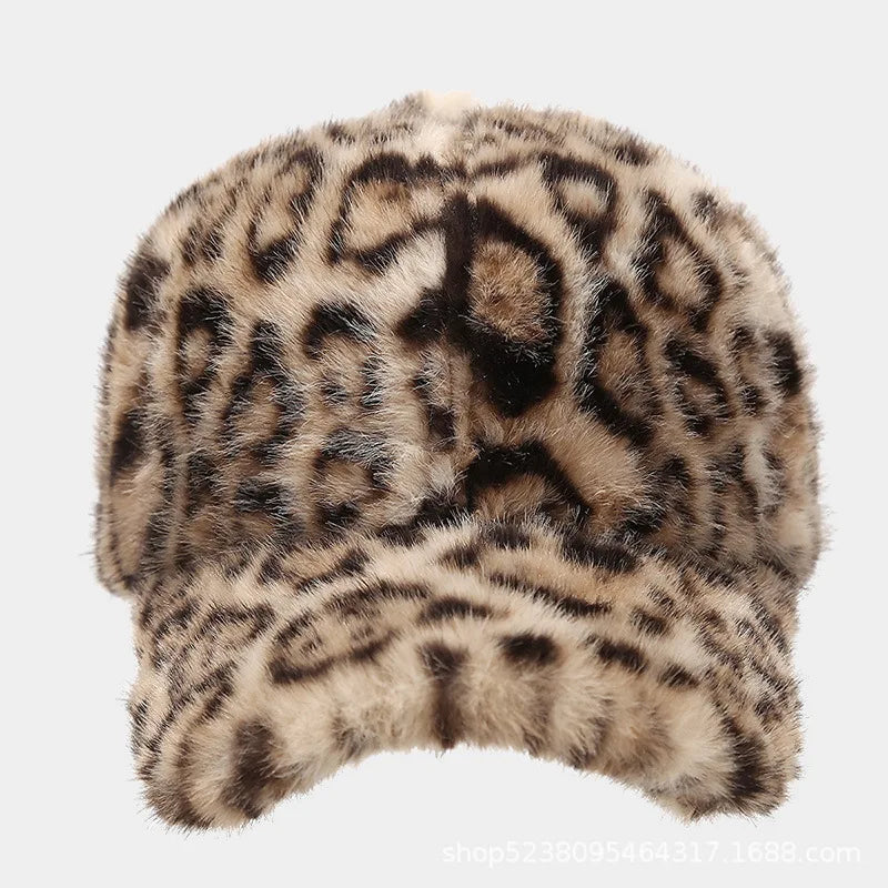 Faux Fur Leopard Print Baseball Cap Women Autumn Winter Warm Hat