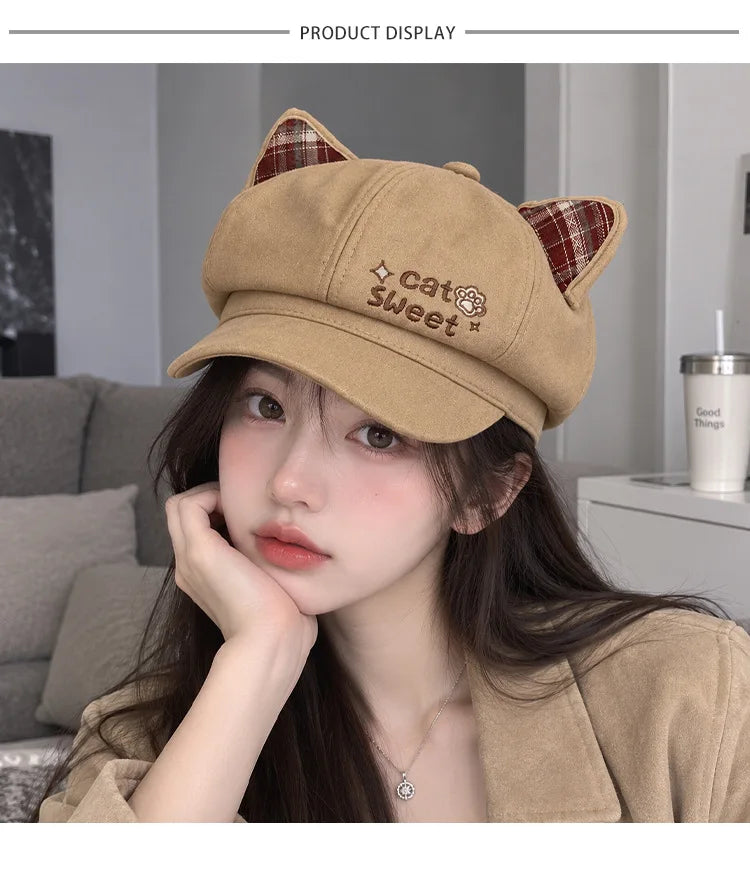 Kawaii Cat Ear Newsboy Cap Faux Suede Women Baker Boy Cap Letter Embroidery Autumn Snap Brim Y2k Hat