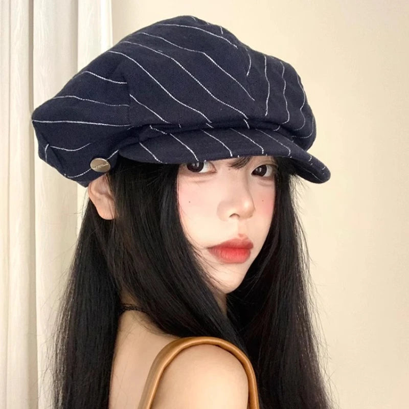 Harajuku Style Cotton And Linen Striped Berets