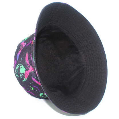 Halloween Neon Bat Moon Print Bucket Hat Unisex Fisherman Cap Spooky Cosplay Decorate Panama Hat