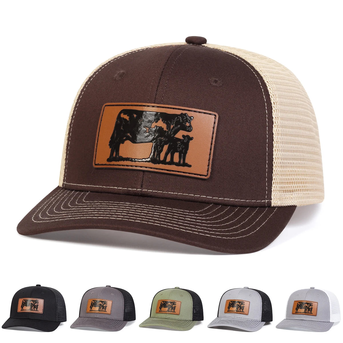 Unisex Brown Cow Leather Label Baseball Net Caps Spring and Summer
