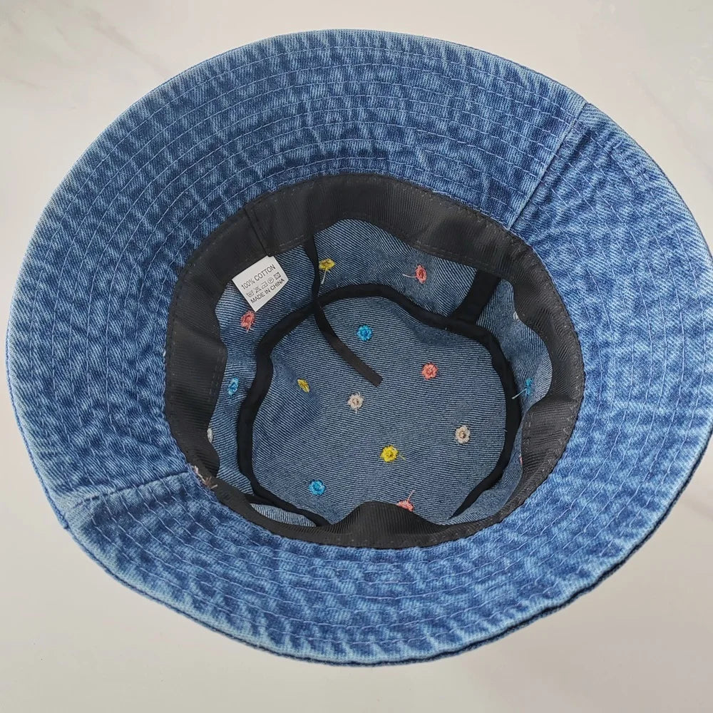 Embroidery Little Flower Washed Denim Summer Bucket Hat
