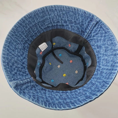 Embroidery Little Flower Washed Denim Summer Bucket Hat