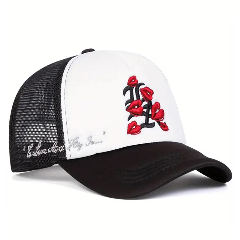 Fashionable Simple Baseball Hat LA Lipprint Embroidered Mesh Hat
