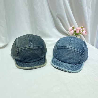 Retro Short-Brimmed Washed And Distressed Denim Baseball Cap