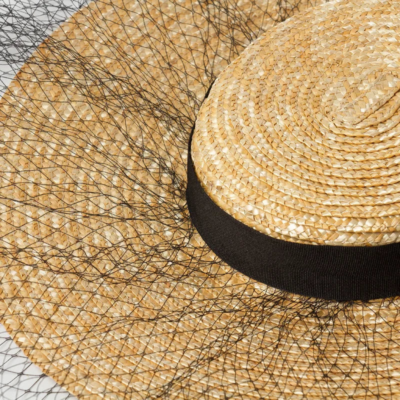 Short Height Women Straw Hat With Black Ribbons Mini Top