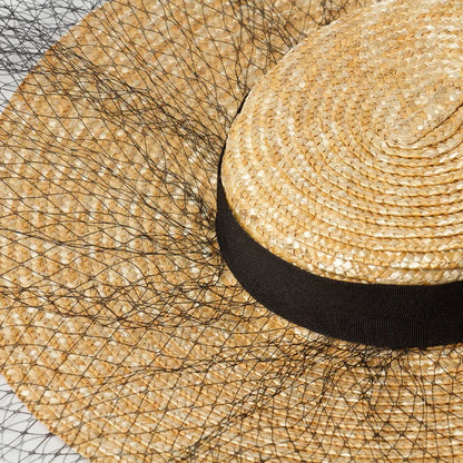 Short Height Women Straw Hat With Black Ribbons Mini Top