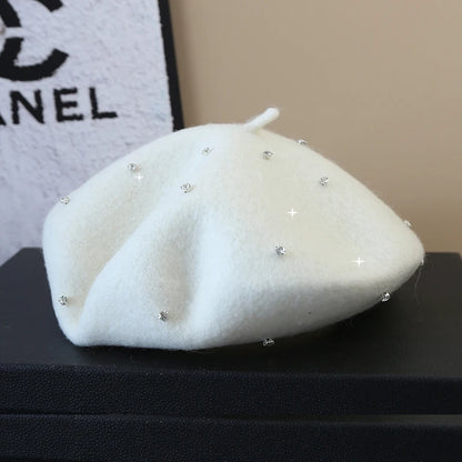 Luxury Rhinestone Wool Thick Berets For Women Autumn Winter Ladies Bling Beret