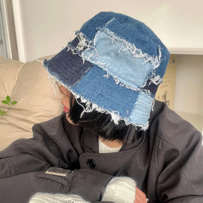 Japanese Retro Men Burr Patchwork Denim Bucket Hats