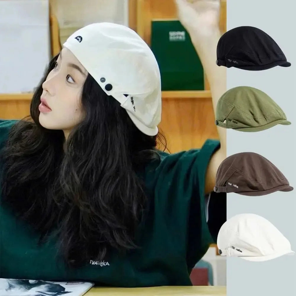 Casual Embroidered Cotton Beret Hat - Vintage Soft Reversible Newsboy Flat Cap