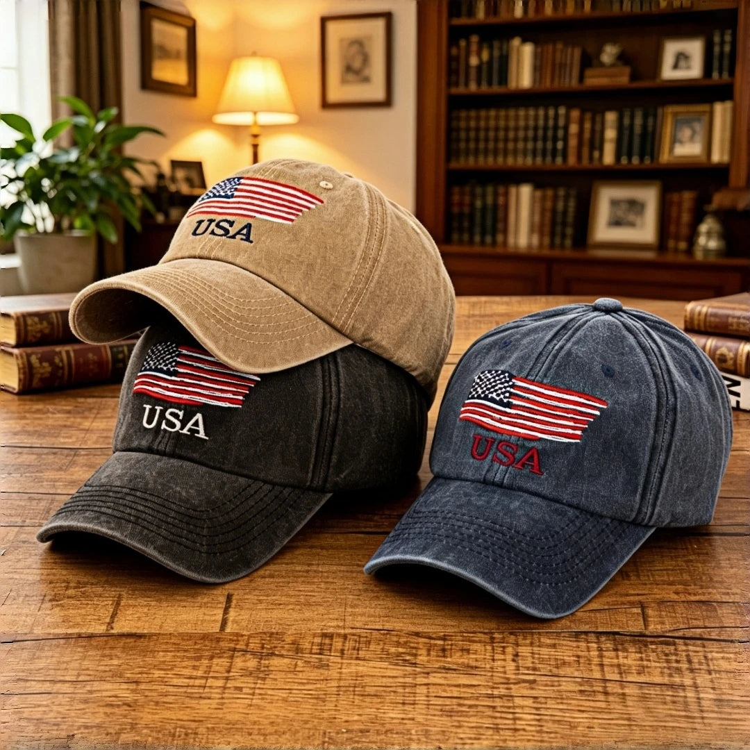 Vintage Washed Cotton USA American Flag Embroidered Baseball Cap