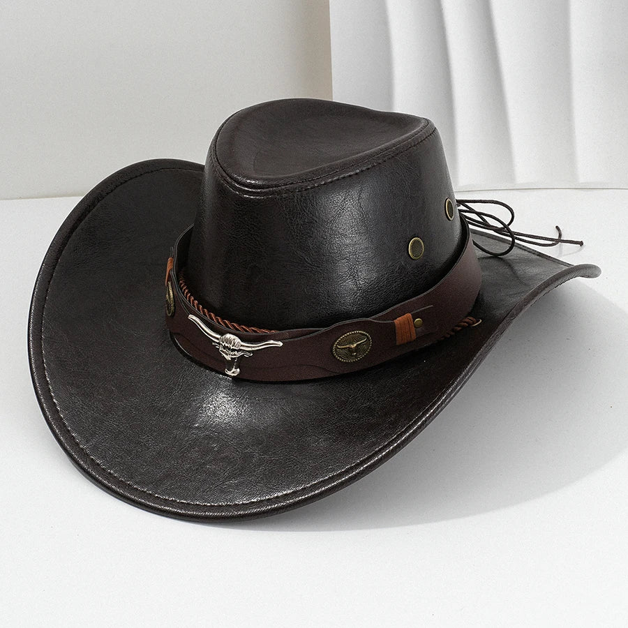 Unisex Vintage Faux Leather Western Cowboy Hat Outdoor Gentleman Cowgirl Jazz Cap