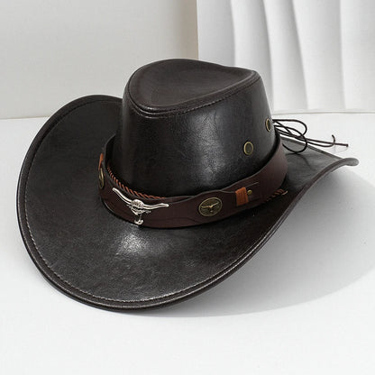 Unisex Vintage Faux Leather Western Cowboy Hat Outdoor Gentleman Cowgirl Jazz Cap