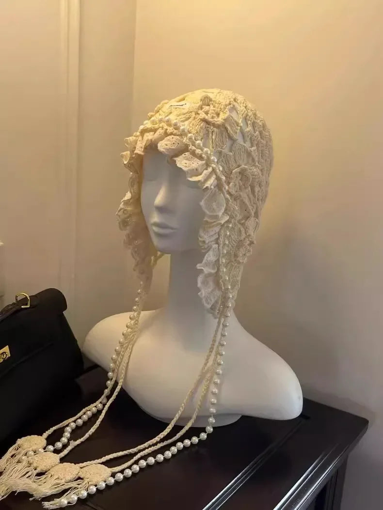 Casual Pearl Tassels Crochet Flower Knitted Hat