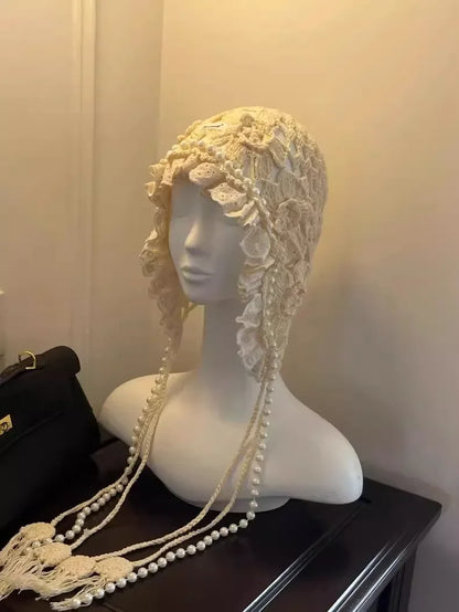 Casual Pearl Tassels Crochet Flower Knitted Hat
