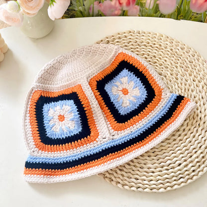 Women Muticolor Crochet Korean Handmade Bucket Hat Women Weaving Knitted Hat Y2k Fashion Flowers Autumn Cap