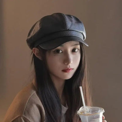 Vintage Rivet Beret Harajuku Y2K Girl Gothic Lolita Black Leather