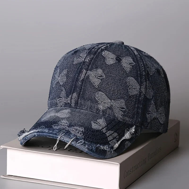 Retro Butterfly Jacquard Distressed Frayed Soft-Top Baseball Cap