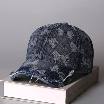 Retro Butterfly Jacquard Distressed Frayed Soft-Top Baseball Cap