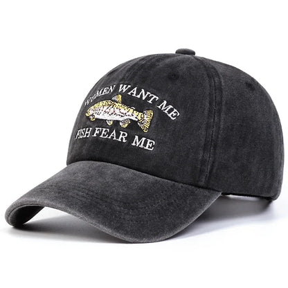 Unisex Fish Embroidery Wash Baseball Caps Spring and Autumn