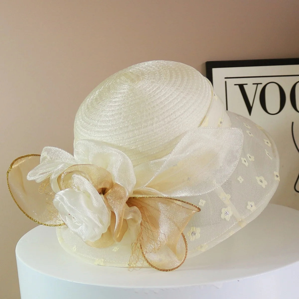 Fashion Hat Women Top Hat Elegant Organza Flower Wide Brim Sun Hat