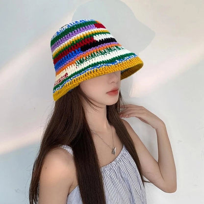 Ladies Crochet Stripe Pattern Fisherman Hat Wide Brim Bucket Hat