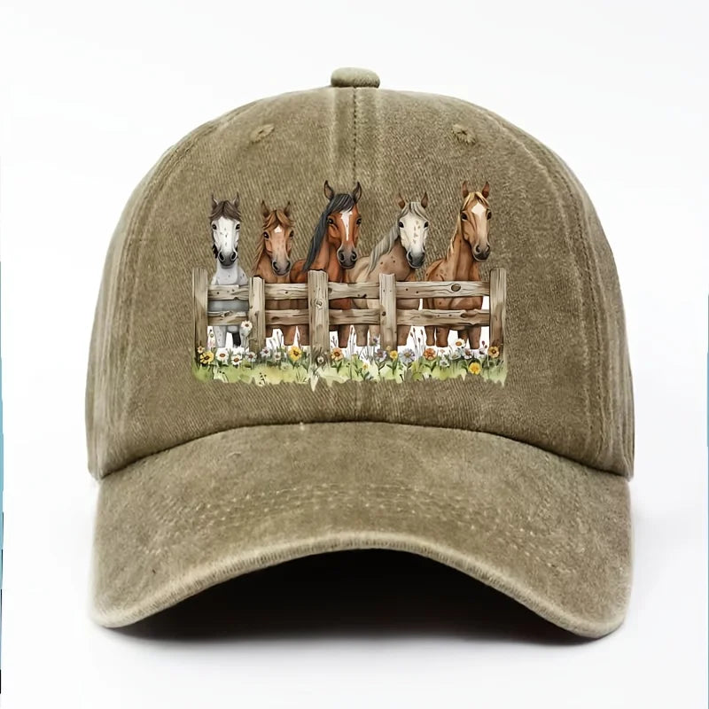 Horse Print Baseball Cap Unisex Cotton Adjustable Equestrian Style Outdoor Sports Hat